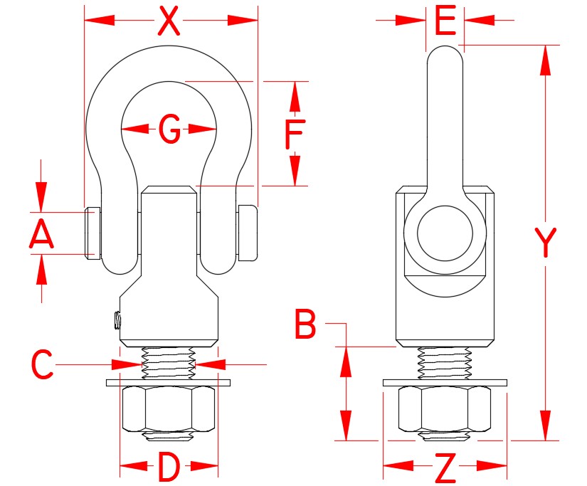 Stainless Steel Complete Hoist Assembly, S0116-HF07, S0116-HF08, S0116-HF10, S0116-HF12, S0116-HF13, S0116-HF16, S0116-HF20, S0116-HF22, S0116-HF25, Line Drawing